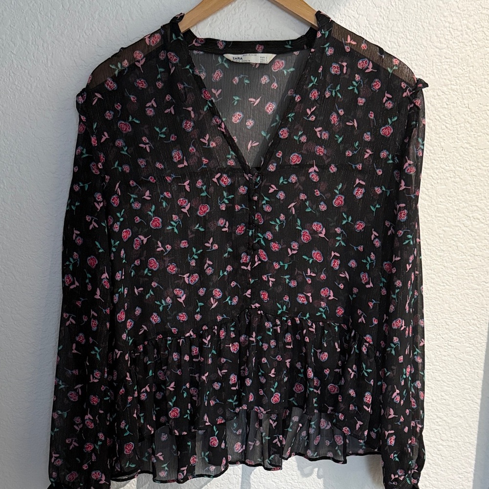 Zara Black Sheer Blouse with Floral Design